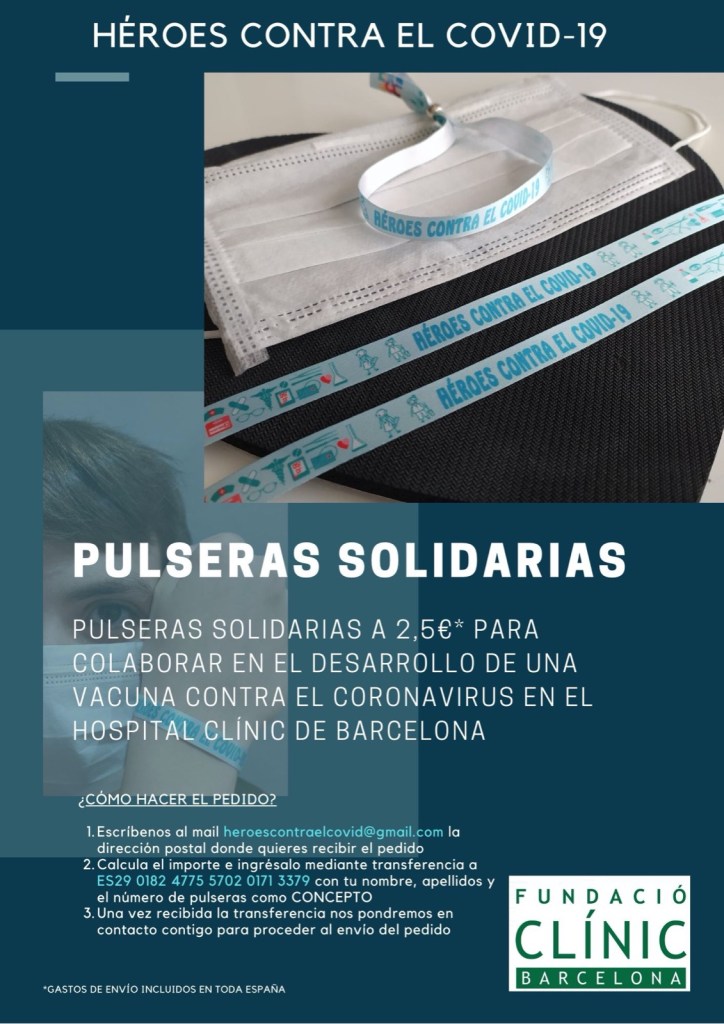 Cartel oficial de la colaboración de Pulseras Solidarias con la Fundació Clínic de Recerca Biomèdica (Hospital Clínic)
